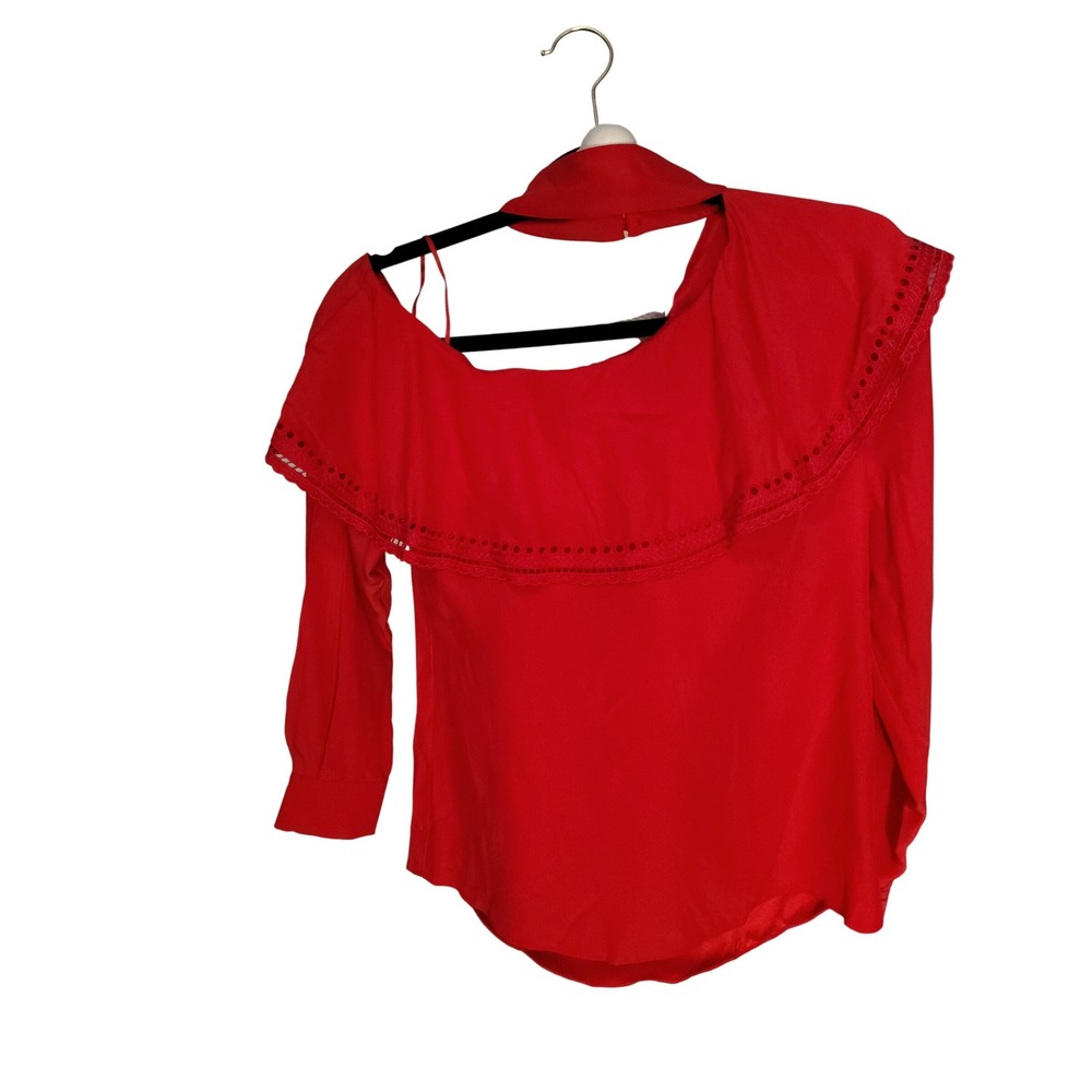 Parker Red 100% Silk Off Shoulder Ruffle Eyelet Blouse P7H3912LE XS